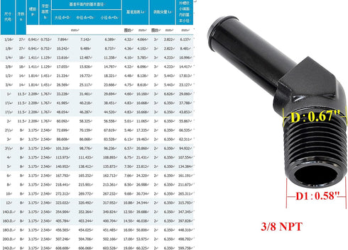 3/8" NPT Male to 1/2" Hose Barb Fitting Adapter, 45 Degree Aluminum Black for 8AN Hose