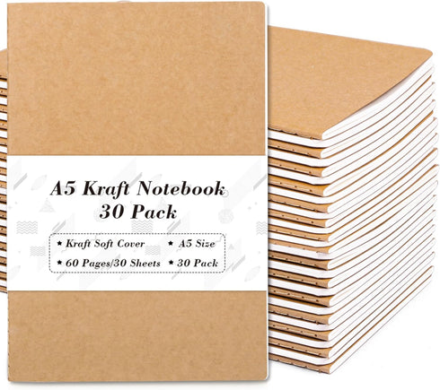 feela 30 Pack Kraft Notebooks, A5 Journals with 60 Lined Pages for Women Girls Students, 8.3 x 5.5 in
