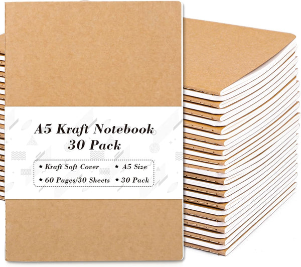 feela 30 Pack Kraft Notebooks, A5 Journals with 60 Lined Pages for Women Girls Students, 8.3 x 5.5 in