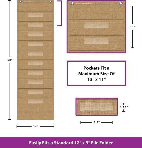 Teacher Created Resources Burlap 10 Pocket File Storage Pocket Chart, 14" x 58"