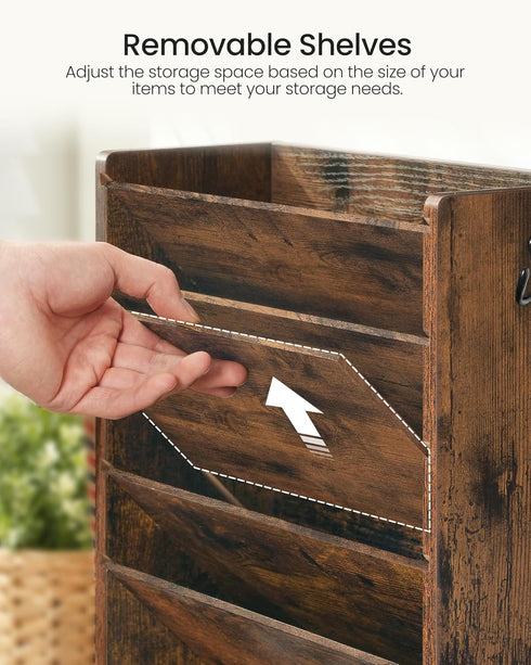 Wall File Organizer, 6-Tier Vertical Mount Hanging Holder with Vintage Wooden Magazine Storage Crate