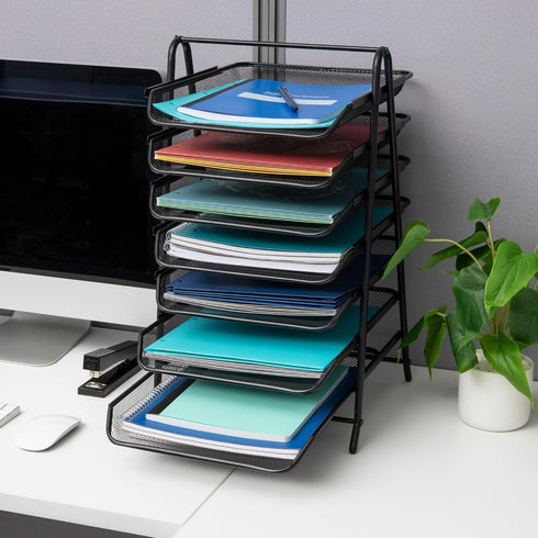 Mind Reader 7-Tier Paper Tray, Desktop Organizer for File Storage, Metal Mesh, 11.75" L x 13.75" W x 18" H, Black