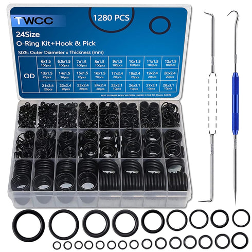 1280 Pcs Rubber O-Ring Assortment Kit with Pick and Hook Set for Pressure Washer Faucet Plumbing (OD 6mm-28mm)