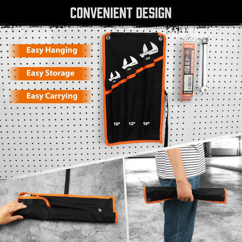 3-Piece Set, 10", 12", 16", HORUSDY Adjustable Spud Wrench CR-V Steel, SAE & Metric Scale, Black Oxide Finish, Heavy