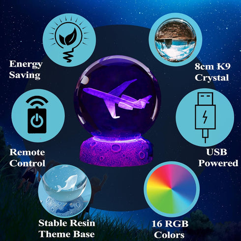 3D 3.15 Inch (80mm) 16 Planes Night Light, Aviation Gifts, Crystal Ball Airplane Night Light with Remote, Pilot Lamps