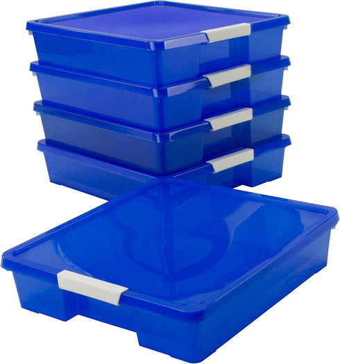 Storex Classroom Craft Project Box – Stacking Plastic Organizer, Fits 12x12 Scrapbooking Paper, Blue, 5-Pack