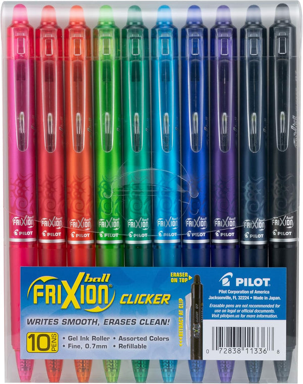 Pilot FriXion Erasable Gel Pens, Fine Point 0.7 mm, Pack of 10 Assorted Colors
