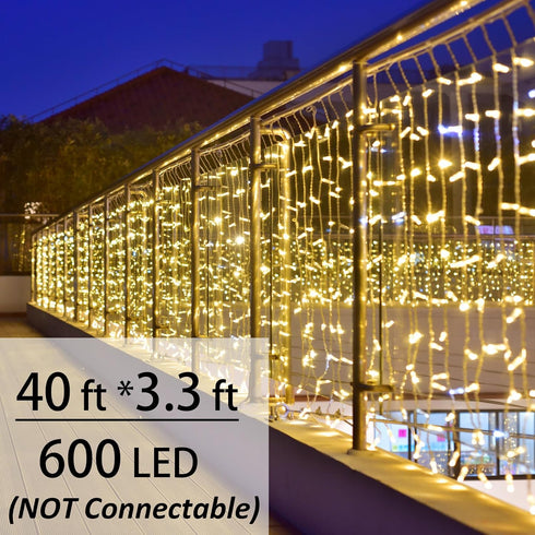 40ft 3ft 600 Solhice LED Curtain Lights Outside x for Backyard, LED Plug in Hanging Fence String Lights Outdoor