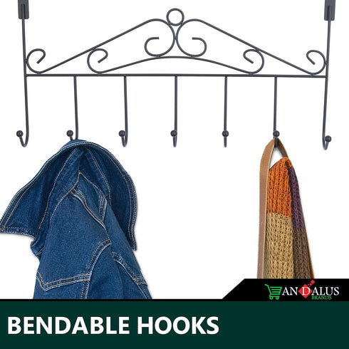 Andalus Heavy-Duty Vinyl-Coated Over The Door Hooks – 7 Hooks for Hanging Towels, Coats, Bags, Clothes (Black)