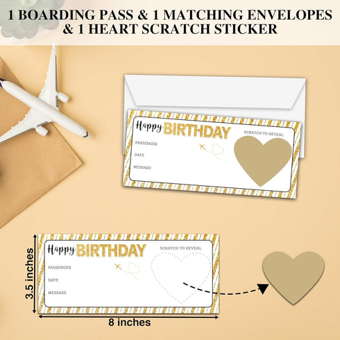 Foosproea -12 Happy Birthday Boarding Pass Card with Envelope - Golden Surprise Vacation Scratch Off Card - Birthday