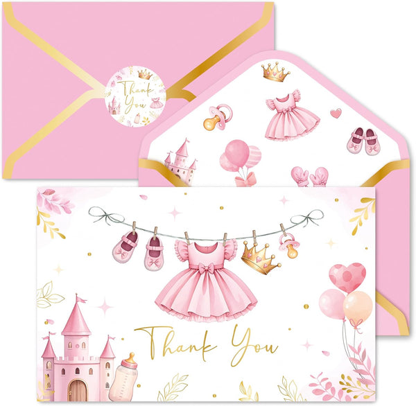 BeYumi 50Pcs Princess Baby Shower Thank You Cards with Envelopes Sticker Pink