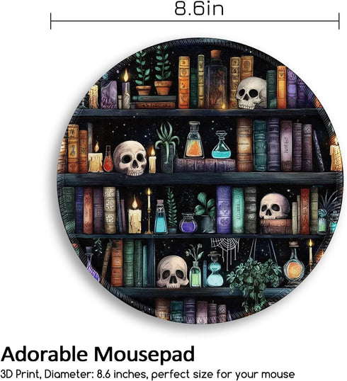 lebrocoli 8.6 8.6 inch Bookshelf and Skull Mouse Pad, Skeleton Goth Gothic Small Round Mousepads for Desk, Mini Travel