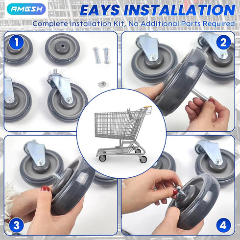 5 Inch 4 Pack, 2 Stemless 2 Shopping Cart Wheels Replacement Kit | & Stem Threaded Caster Wheels with Hardware| Ideal