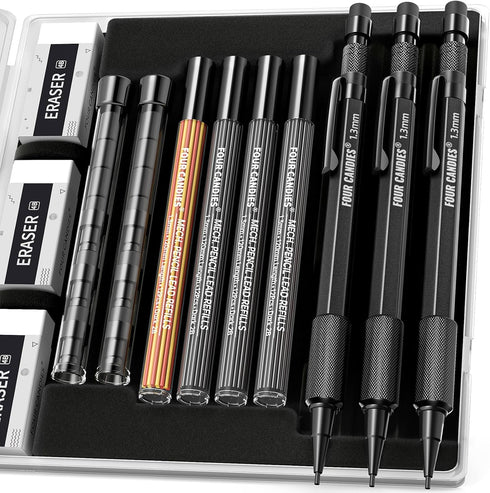 Four Candies 3PCS 1.3mm Mechanical Pencil Set with Case, Heavy Duty Carpenter Pencils with 48 Refills