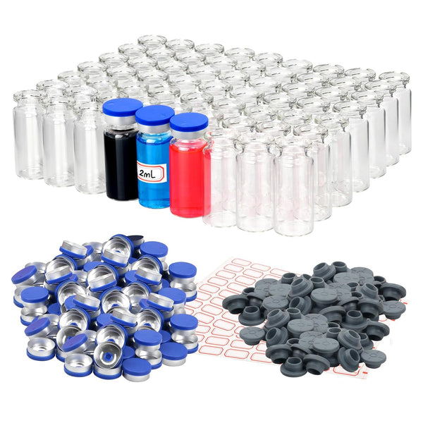 100 Pack Glass Vials, Clear Glass Headspace Vial with Plastic-Aluminum Flip Caps, Rubber Stoppers, 2ml