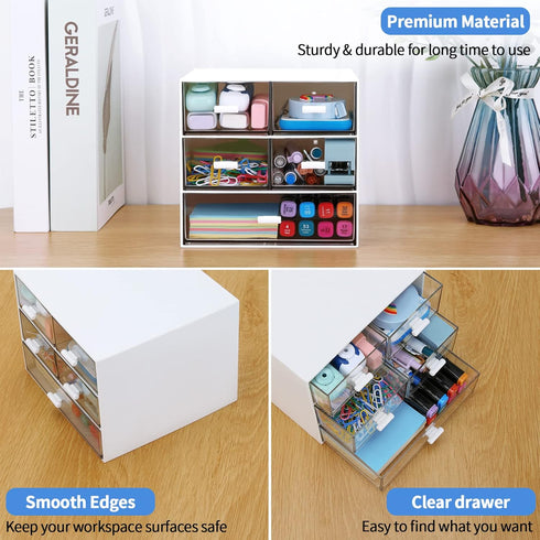 Desk Organizer with 5 Drawers, Rectangular Plastic Storage for Office, School, Home (White & 5 Drawers)