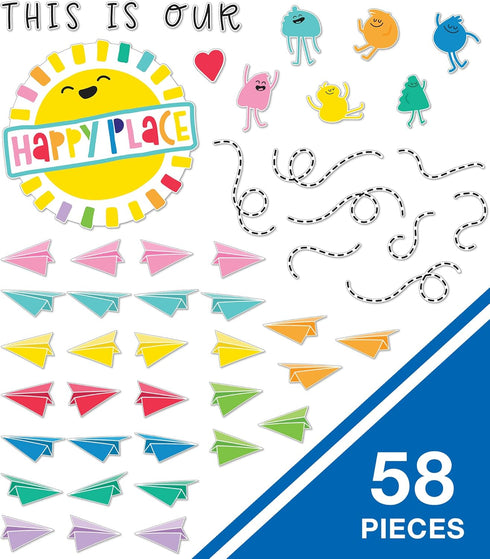 Carson Dellosa This is Our Happy Place Bulletin Board Set, Rainbow Classroom Decorations with Heart and Paper Airplane Bulletin Board Cutouts for Wall Decor, Colorful Classroom Decor (58 pc) by Carson Dellosa Education