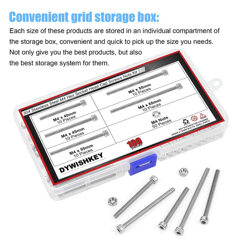 DYWISHKEY 100 Pieces M4 x 40mm/45mm/50mm/55mm/65mm Stainless Steel 304 Hex Socket Head Cap Bolts and Nuts Kit