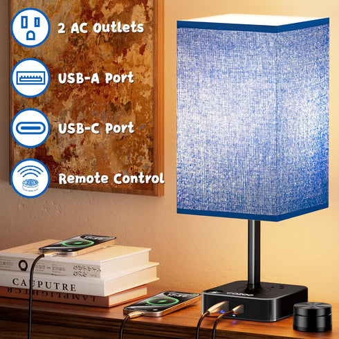 Bedside Lamp & Desk Lamp with Remote, Touch Control, USB-C/A Ports + Outlets | Blue Fabric Shade Nightstand Table Lamp
