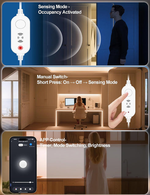 2700K 9.85ft Dimmable Warm White Smart COB LED Strip Light with Radar Motion Sensor, WiFi APP Control Flexible LED Tape