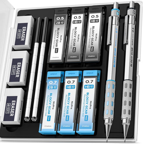 Nicpro 2 Pack Blocky Gear Metal Mechanical Pencils Set with Case, 0.5 mm & 0.7 mm Lead, 360PCS Refills, 3 Erasers
