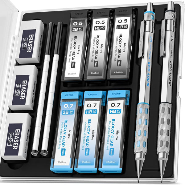 Nicpro 2 Pack Blocky Gear Metal Mechanical Pencils Set with Case, 0.5 mm & 0.7 mm Lead, 360PCS Refills, 3 Erasers