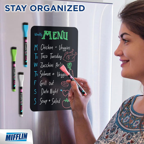 Mifflin-USA Magnetic Dry Erase Black Board Sheet for Fridge (12 x 8"), Stain-Resistant Refrigerator Blackboard Organizer, Kitchen Planner Board w/ 4 Fine-Tipped Markers & Convenient Wipe Cloth by MIFFLIN