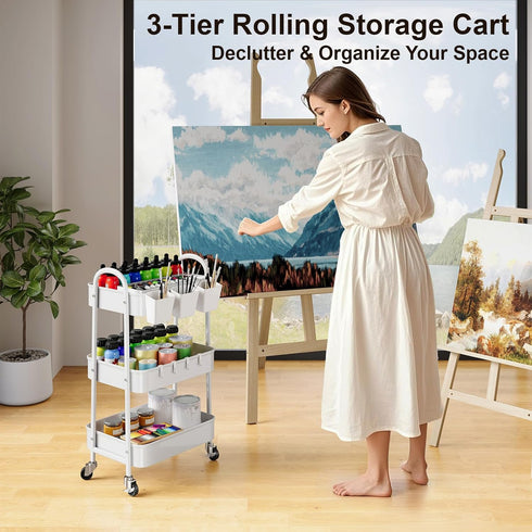 Recximi 3 Tier Heavy Duty White Metal Rolling Cart with Lockable Wheels, Three Tier Roller Book Snack Cart, Utility