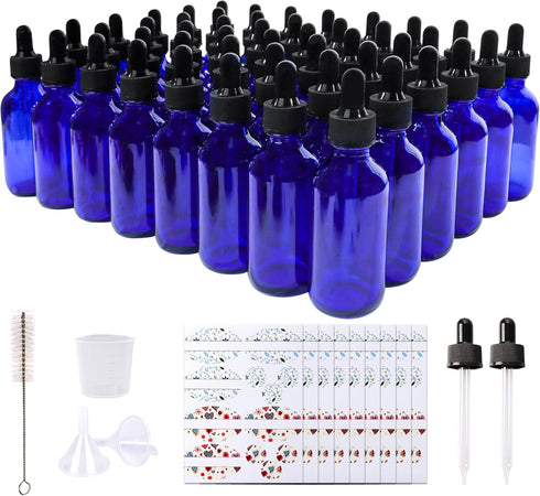 48 Pack 2oz Cobalt Blue Glass Bottles with Eye Droppers for Essential Oils, Perfumes & Lab Chemicals, Labels &
