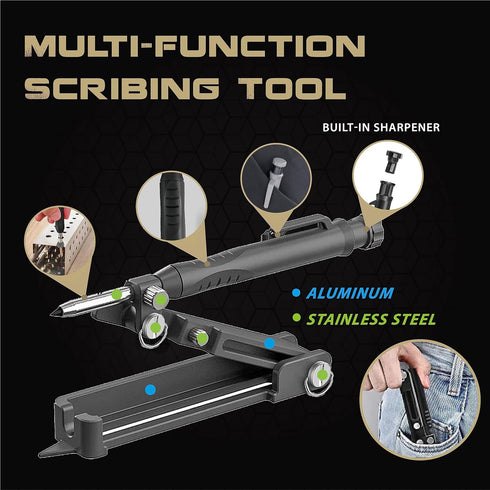 Multi-function Scribing Tool, Zinc Alloy Smart Scribe with Carpenter Pencil, Measuring Tool with Scale, Black