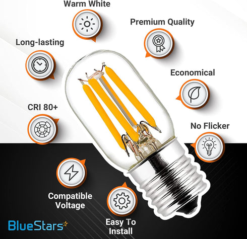 BlueStars E17 T7 LED Light Bulb 2W 120V (25W Incandescent Equivalent), Energy Saving, 2700K Warm White, 220lm for Microwave Oven, Range Hood, Refrigerator Light - 3 PACKS by BlueStars