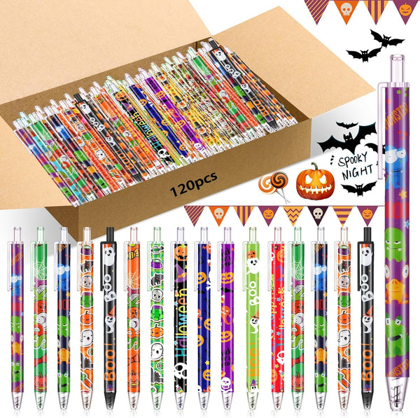 Leinuosen 120 Pcs Halloween Ballpoint Pen Retractable Gel Ink Ghost Pumpkin Spider Pattern Cute Cartoon Office Supplies
