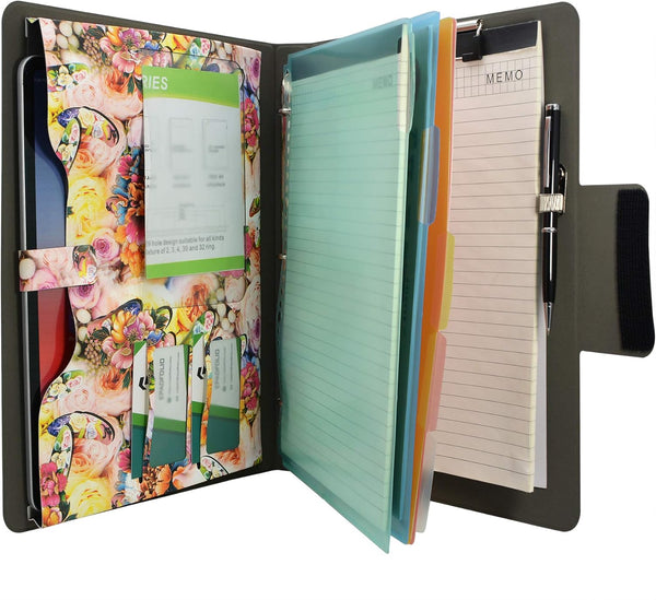 Padfolio Ring Binder with 3-Ring Binder, Color File Folders, Flower Painting PU Leather Organizer, Clipboard (Pink)