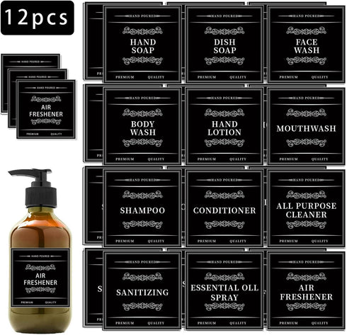 Arecobticy 12Pcs Set Soap Labels for Bottles Mouthwash Dispenser Sticker for Bathroom Removable Self-Adhesive Sticker