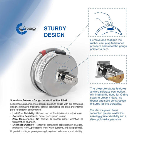 2 1-2" Pressure Gauge, Stainless Steel Case, Chrome Plated Brass Connection, Liquid Filled, 0-160 psi/kPa, Back Mount