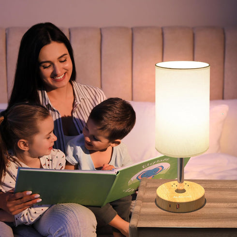 ALACOO 3 Dimmable Small Bedside Table Lamp for Bedroom - Way Touch Lamp with USB Charging Station and AC Outlet, Wood