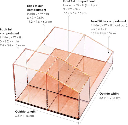 Clear Acrylic Makeup Brush Organizer with Metallic Rose Gold Base, 4 Compartment Office Organizers for Desk and