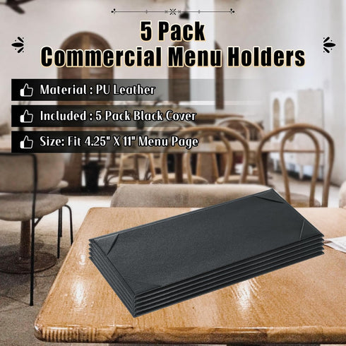 4.25" 11" 5 Pack 1 Menu Covers x View Black PU Leather Restaurant Menu Holders, Single Panel with Angled Corners