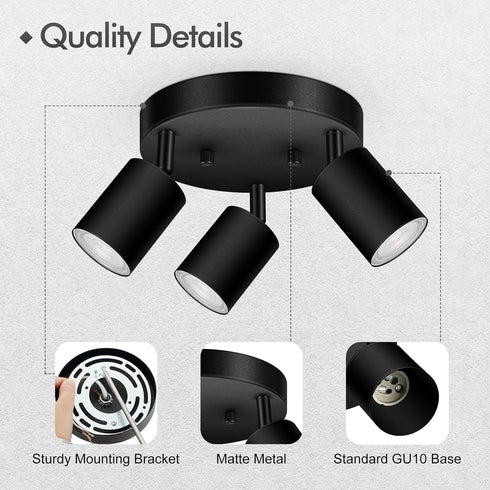 3 GU10 Bulb Light Track Lighting Fixtures Ceiling, Matte Black Round Directional Ceiling Spotlight, Flush Mount