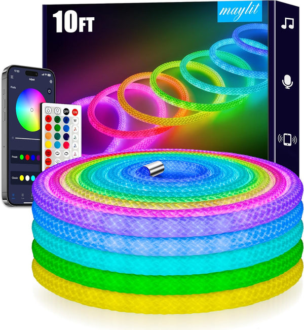 maylit 360 Degree Luminous Reticulate Weave Rope Lights, 10ft Addressable ICRGB LED