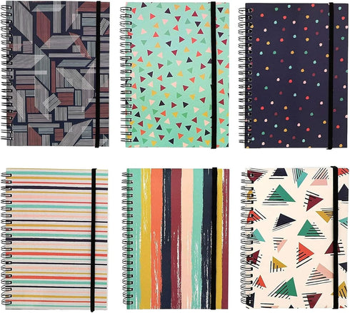 Paper Junkie 6 Pack 5x7 Spiral Notebooks with Pocket, Small Lined Journals with Elastic Closure for School, Work