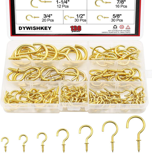 DYWISHKEY Cup Screw Hooks Kit - 136PCS in 7 Sizes, Brass Plated Screw-in Hooks for Home & Office