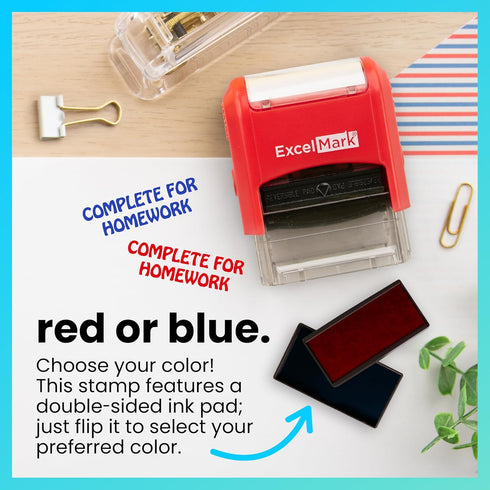 ExcelMark Self-Inking Two-Color Rubber Teacher Stamp - Complete for Homework - Red and Blue Ink for Grading