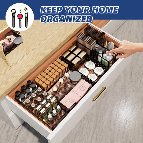 Simplie Desk Drawer Organizer Tray with 2 Pen Holders, Metal Mesh Dividers for Office, Makeup & Kitchen (Black)