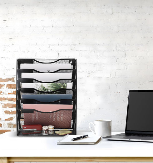 EasyPAG Office Supplies Wall File Organizer, 7 Tier Vertical Hanging File Folders Holder, Black
