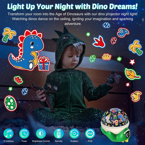 17 Dinosaur Night Light Projector for Kids Green Dino Toys for Boys, Star Night Lights with Music and Timer, Mode Color