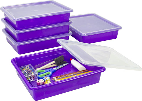 Storex Letter Size Flat Storage Tray – Organizer Bin with Non-Snap Lid, Violet, 5-Pack for Classroom, Office, Home