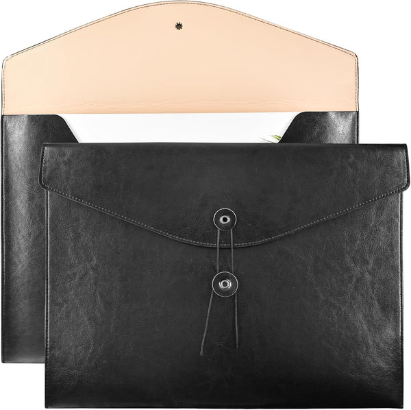 VANRA 1 Piece PU Leather File Folders - A4 Letter Size Document Holder with String Tie Closure, Black