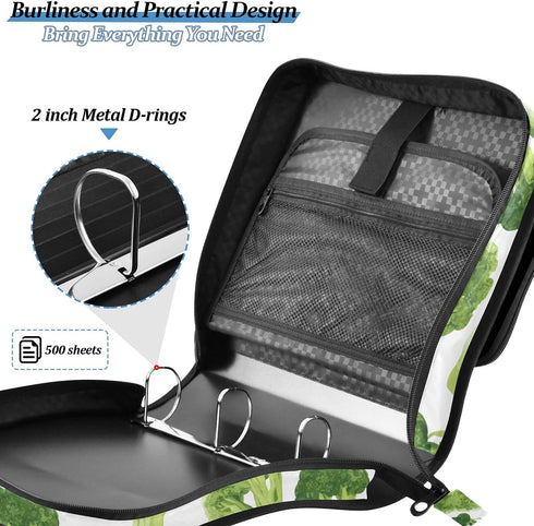 Fisyme 3 Retro Broccoli Zipper Binder Ring with Zipper and Shoulder Strap Large Capacity Multi-Pocket Binder Organizer