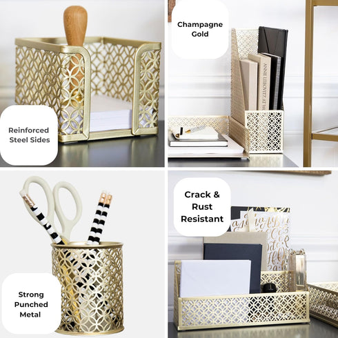 Gold Desk Accessories for Women Office, 6 Piece Gold Desk Set, Office Supplies Gold Organizer - Office Organization Set